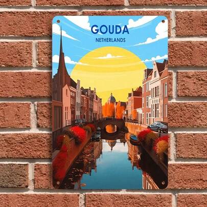 1 tấm tranh kim loại phong cảnh thành phố Gouda, tranh trang trí kênh đào kiến trúc châu Âu, trang trí tường phòng khách và phòng học, quà tặng thủ công mỹ nghệ bằng sắt kiểu retro, trang trí nhà cửa, tranh phẳng 2D.