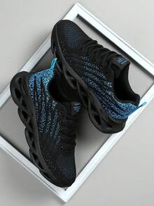 男士镂空针织透气休闲运动鞋 - 黑藍色 - 查看 3