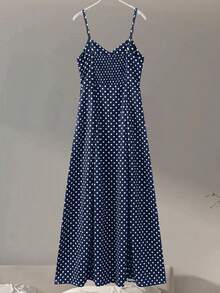 女士波点印花V领无袖露背连衣裙，随机印花，优雅梭织面料，适合晚宴约会、海滩、生日派对、夏季度假等场合。 - 藏蓝色 - 查看 5