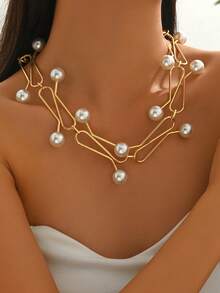 1pc Spring/Summer Fashion Minimalist Geometric Ball Metal Wire Necklace, Avant-Garde Design Personalized Choker For Women - Yellow Gold - View 4