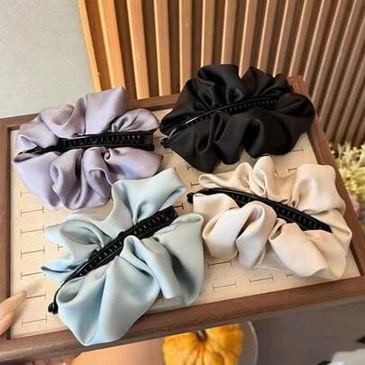 1pc Minimalist Satin Pleated Banana Hair Clip, Solid Color Versatile Elegant Ponytail Clip Hair Accessory For Thin Hair