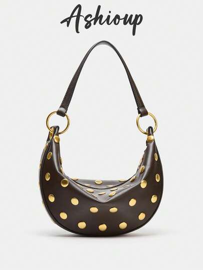 Axelväska med nitar och dragsko, moderiktig handväska med nitar, hobo-väska med halvmåne, år 2000-axelväska, tygväska