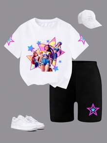Ensemble 2 pièces T-shirt à col rond à manches courtes avec motif de fille de dessin animé et d'étoiles + shorts moulants imprimés d'étoiles, nouvelle arrivée printemps/été - Blanc - Voir 2