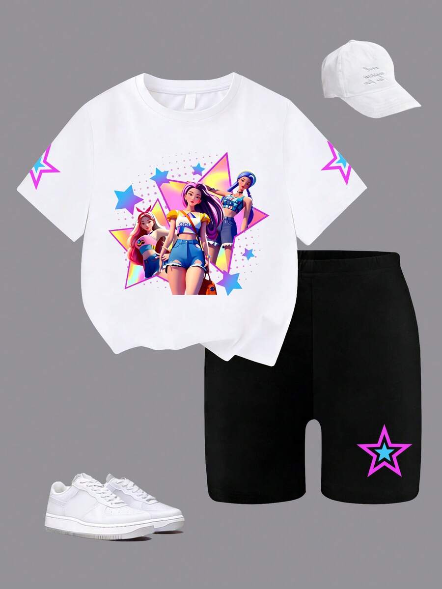 Girls Cartoon Girl & Star Pattern Round Neck Short Sleeve T-Shirt + Star Print Tight Shorts 2pcs Set, Spring/Summer New Arrival - White - View 1