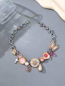 1件Y2K花卉系列项链，饰有鸡蛋花/蝴蝶/仿珍珠元素，迷人的链条项链，适合女性在春夏派对/音乐节上佩戴。 - 彩色 - 查看 4