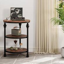 Mesa lateral redonda, mesa de esquina de 23,6 pulgadas con estantes de almacenamiento, mesa de acento de diseño de columna romana para sala de estar, dormitorio o esquina - Retro Marrón - Ver 3