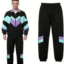 2pcs Set (Top + Pants) 80s Disco Sports Jacket And Pants, Retro Jogging Suit, 80s Theme Party - Black - View 7