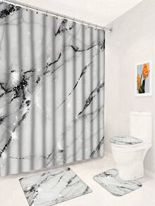 Marble Pattern Shower Curtain Set With 12 Hooks, Water-Resistant Polyester Knit Fabric, Wipe Clean, Includes U-Shaped Toilet Mat, Lid Cover, And Rug - Modern Bathroom Decor - A - View 14