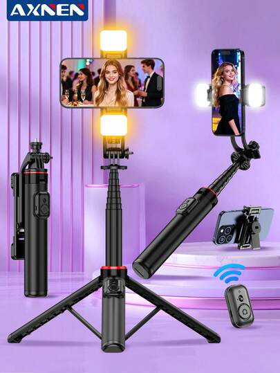 AXNEN 1310mm / 51.57-Inch Wireless Selfie Stick / Phone Tripod, 3-Level Adjustable Mini Fill Light, Wireless Detachable Remote, Retractable And Foldable Design - Easy To Carry, Made Of Enhanced Aluminum Alloy, Suitable For Live Streaming, Christmas And Various Holiday Recordings, Travel, Outdoor Activities.