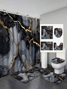 Open -1pc/4pcs Marble Pattern Shower Curtain Set, Shower Curtain Or Toilet Mat Bathroom Mat 4pcs Set, Bathroom Supplies Waterproof Shower Curtain Set With 12 Shower Curtain Hooks, Gift For Family And Friends - A - View 14
