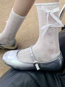 1/3 双春夏新款洛丽塔风格可爱镂空爱心蝴蝶结中筒袜 - 彩色 - 查看 2