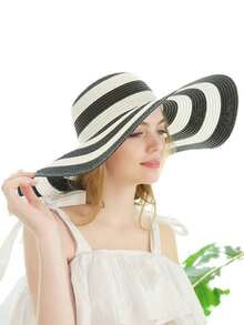 1顶/夏季女士遮阳帽，适合景点佩戴，时尚百搭，黑白粗条纹，宽檐沙滩草帽，遮阳帽 - 條紋帽 - 查看 2