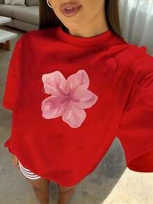 1pcs Plus Size Women's Loose Fit T-Shirt, Printed With Watercolor Pink Hibiscus Flowers, Perfect For Tropical Vacations, Beach Dates, Summer Parties - 紅色 - 查看 9