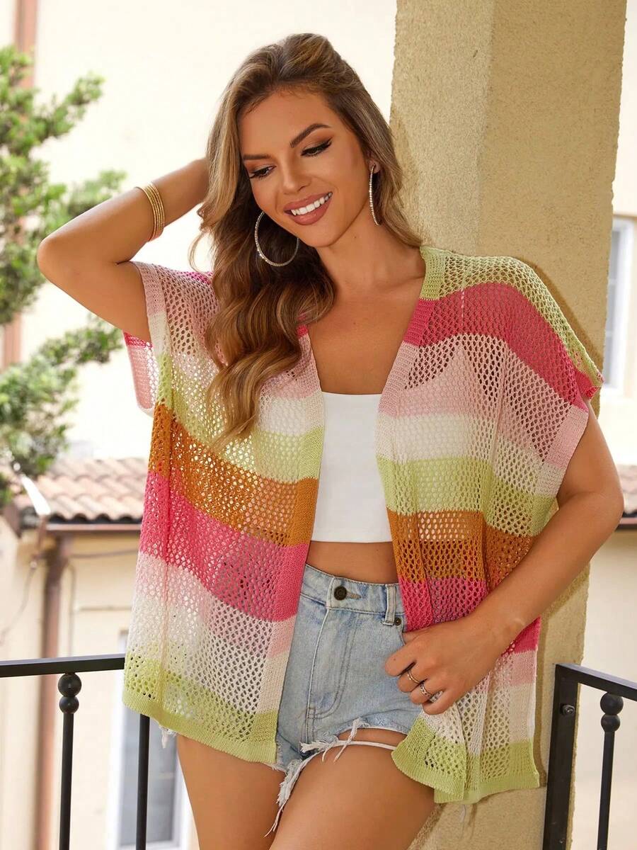Women's Striped Open Front Crochet Cardigan Semi-Sheer Knit Top Batwing Sleeve Regular Length - Nhiều màu - Xem 1