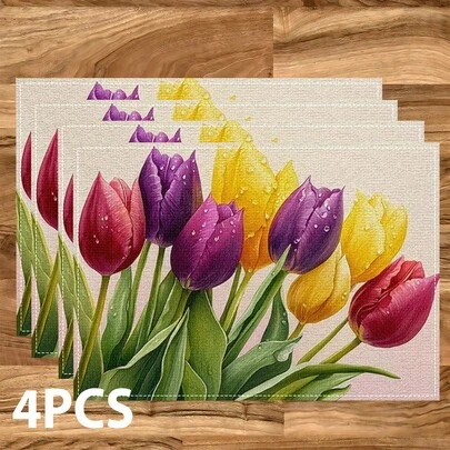 Bộ 4/6/8 tấm lót bàn hình hoa tulip, thích hợp cho bàn ăn, quầy cà phê, trang trí mọi mùa, có thể giặt, lý tưởng cho trang trí phòng, bàn bếp, tiệc trong nhà/ngoài trời, trang trí nhà cửa, món quà tuyệt vời.
