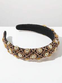 1pc Black Sponge High Crown Retro Baroque Women's Headband, Rhombus Fully Studded Shiny Elegant Ball Gown Headpiece, Versatile Hair Accessory - Brown - View 2