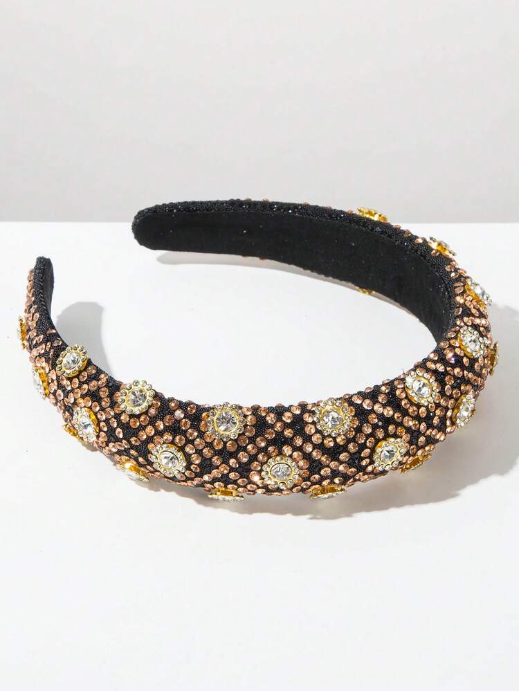 1pc Black Sponge High Crown Retro Baroque Women's Headband, Rhombus Fully Studded Shiny Elegant Ball Gown Headpiece, Versatile Hair Accessory - Brown - View 2