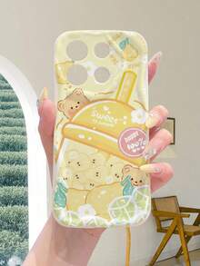 1 pieza Funda de teléfono con protección de lente anti-caída gruesa con diseño de oso de mantequilla y té de boba, compatible con iPhone/Galaxy/Transsion, diseño elegante y minimalista para amantes de la moda, versión internacional, no la versión nacional - Blanco - Ver 3