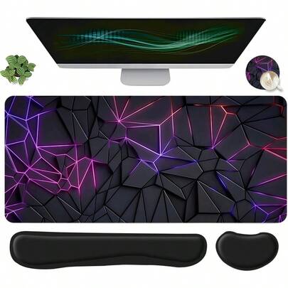 Bộ 4 tấm lót chuột chơi game cỡ lớn thiết kế đường kẻ neon hình học, bao gồm kê cổ tay bàn phím, kê cổ tay chuột công thái học và đế lót ly, thảm trải bàn máy tính cỡ lớn có hỗ trợ cổ tay, lý tưởng cho văn phòng tại nhà, chơi game và trang trí bàn làm việc.