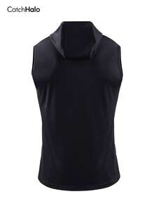 Men's Hooded Vest, Black Ombre Geometric Pattern Sportswear, Sleeveless Drawstring Hoodie, Breathable Mesh Fitness Training Top - Black - View 4