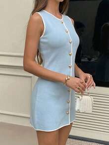 Vestido de cárdigan de punto elegante y minimalista para mujer, estilo Mori Girl para primavera/verano - Azul claro con bordes blancos - Ver 7