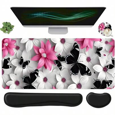 Bộ 4 tấm lót chuột chơi game cỡ lớn họa tiết hoa bướm màu hồng và trắng, bao gồm kê cổ tay bàn phím, kê cổ tay chuột công thái học và đế lót ly, thảm trải bàn máy tính cỡ lớn có hỗ trợ cổ tay, lý tưởng cho văn phòng tại nhà, chơi game và trang trí bàn làm việc.