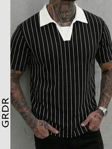 GRDR Fashionable Retro Black & White Vertical Striped V-Neck Polo Shirt, Men's Casual Short Sleeve Top - Black - View 1