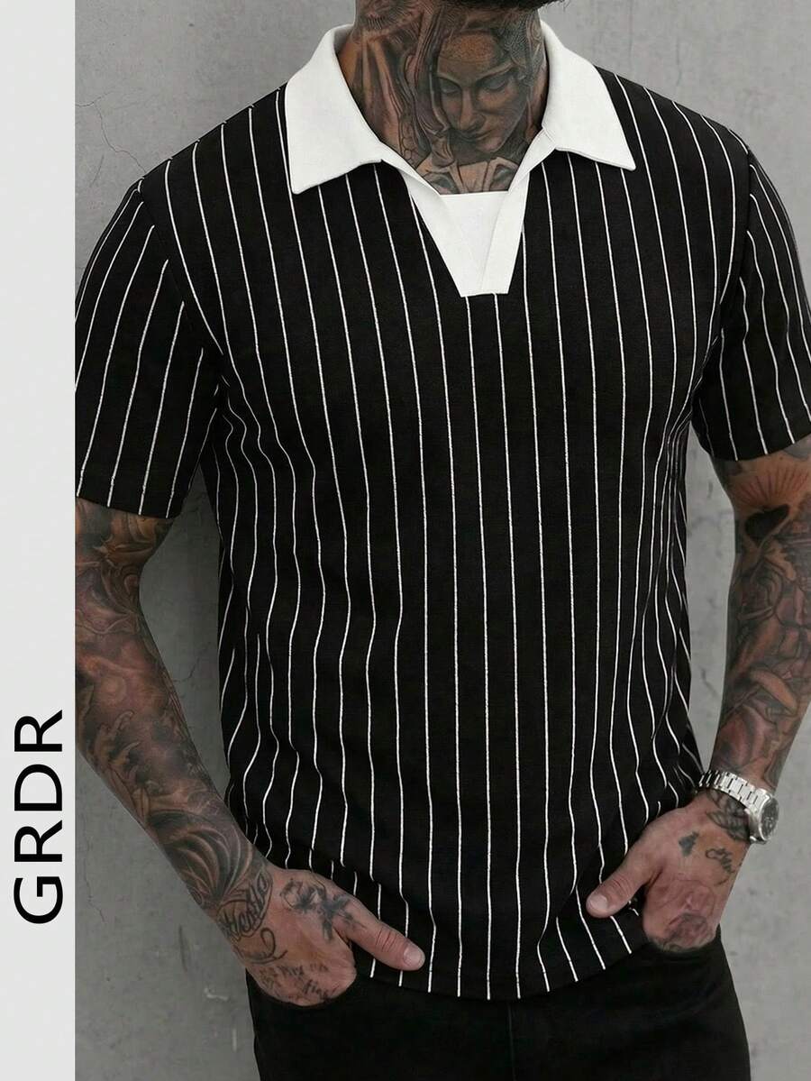 GRDR Fashionable Retro Black & White Vertical Striped V-Neck Polo Shirt, Men's Casual Short Sleeve Top - Black - View 1