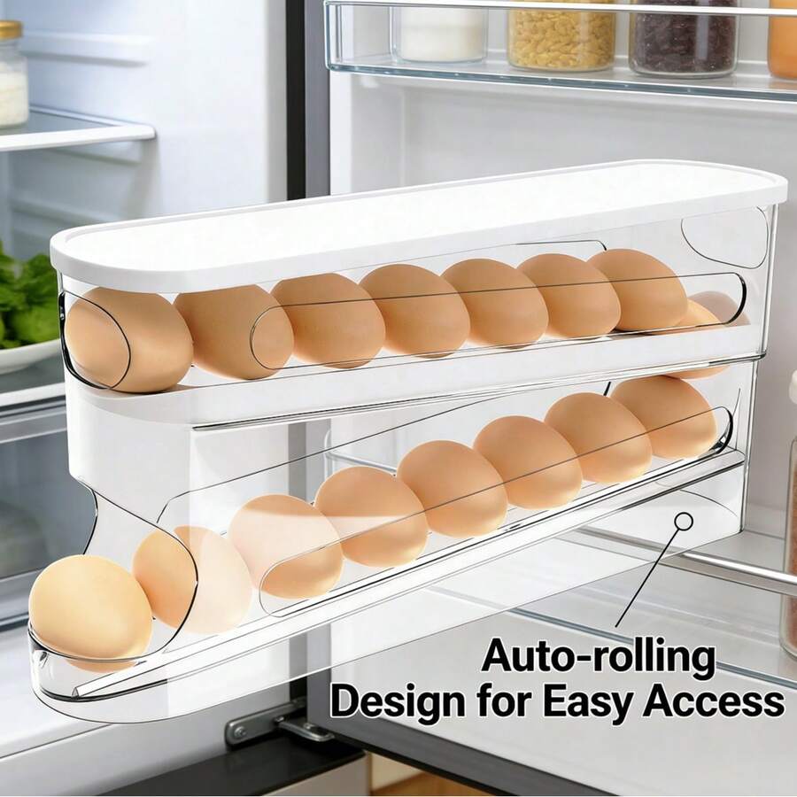Refrigerator Egg Layerer - Automatic Rolling Refrigerator Door Egg Rack, ABS Transparent Plastic Egg Storage Box, Space Saving Stacked Egg Storage Container (Double-Layer Design, Can Hold Many Eggs) - Clear - View 1