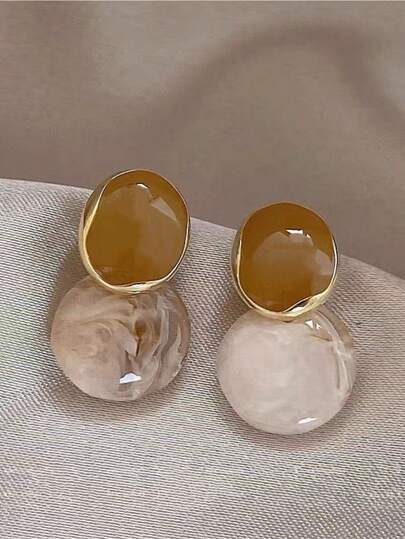 1 Đôi bông tai mặt dây chuyền tròn tráng men màu hổ phách caramel ombre thanh lịch, màu sắc ngẫu nhiên, thiết kế mới dành cho nữ, bông tai sang trọng kiểu Pháp, phù hợp cho đi làm hàng ngày, hẹn hò và là món quà ngày lễ tuyệt vời nhất.