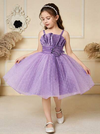 Young Girls' Spaghetti Strap 3D Floral Ruffle Mesh Elegant Birthday Party Dress, Suitable For Formal Occasions, School Dances, Runway Shows, Galas - Does Not Include Headband