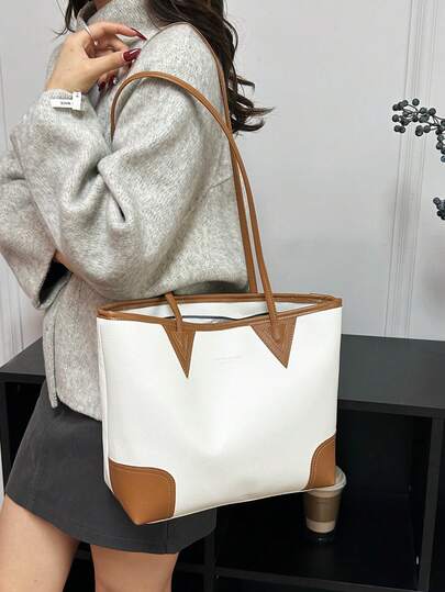 简约奢华通勤手提包，字母装饰细节，大容量PU手提包，适合日常使用和上学