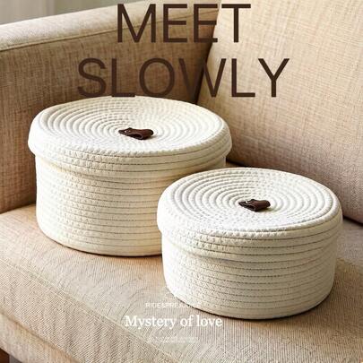 Bộ 4 món (2 giỏ + 2 nắp), Giỏ đựng đồ dễ thương, Giỏ đan bằng dây cotton, Giỏ đựng đồ chơi, Giỏ trang trí nhà cửa, Đồ dùng gia đình, Phụ kiện nhà bếp, phòng tắm, phòng ngủ, văn phòng, Trang trí phòng, Trang trí nhà cửa