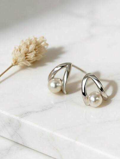 1 par de pendientes de perla falsa con diseño geométrico minimalista, pendientes únicos y delicados para mujeres, elegantes y versátiles para uso diario, accesorio cómodo y con estilo de alta calidad