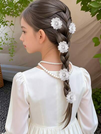 5件套可爱白色蕾丝多层花朵发夹套装，百搭日常配饰，女孩礼物