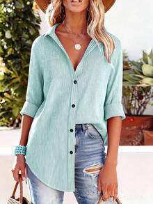 Áo sơ mi nữ dài tay kẻ sọc cài cúc phía trước, cổ buộc dây và có túi, kiểu dáng mùa xuân. - màu xanh lá - Xem 1