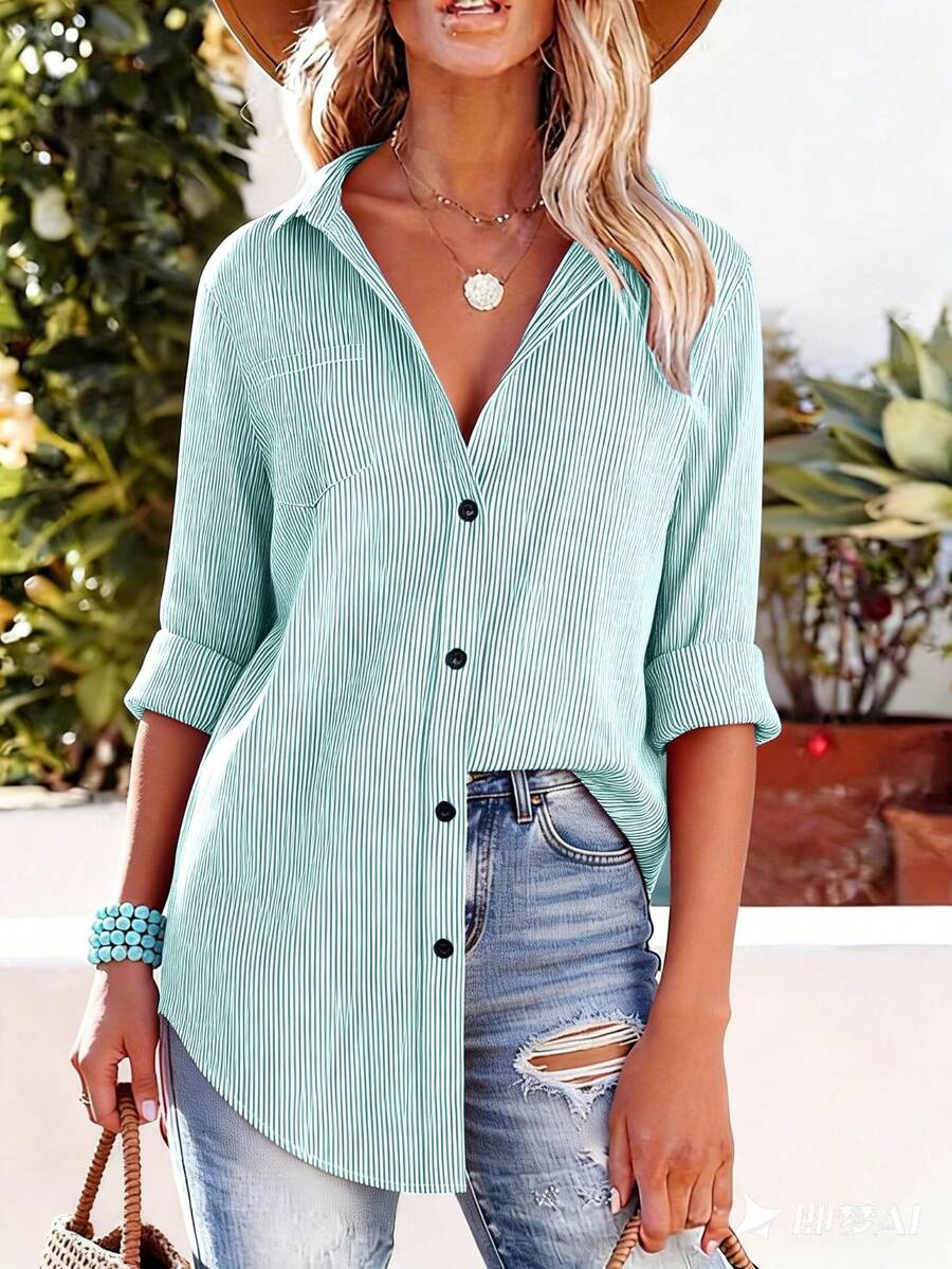 Áo sơ mi nữ dài tay kẻ sọc cài cúc phía trước, cổ buộc dây và có túi, kiểu dáng mùa xuân. - màu xanh lá - Xem 1