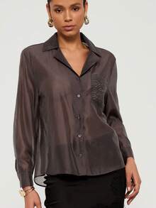 Women's Solid Color Button Front Collared Long Sleeve Shirt, Casual Work Blouse With Embroidered Pocket, Suitable For All Seasons Spring - Coffee Brown - View 10
