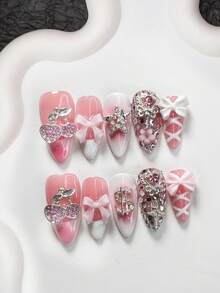10件套甜美个性化美甲套装，包含凝胶指甲、樱桃、丝带蝴蝶结、镂空星星、魔法棒、水钻和美甲装饰品，白色和粉色指甲油，奢华风格，附赠美甲工具（1个果冻贴纸+1个指甲锉），提供3种尺寸，适合杏仁形、鸭嘴形、棺材形指甲，适用于派对、日常佩戴、约会、工作等场合。 - 彩色 - 查看 15