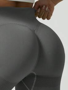 NcmRyu 1pc Women's Seamless Ribbed Elastic Slimming Sports Leggings - Dark Grey - View 7