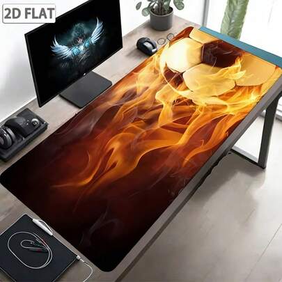 1 pieza Alfombrilla de ratón con diseño de llama de fútbol 2D, base de goma antideslizante gruesa, control preciso y borde cosido duradero, adecuada para jugadores de escritorio y portátil