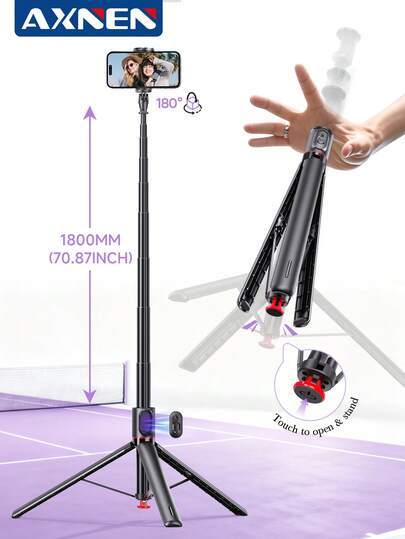 AXNEN 1800mm (70.87-Inch) All-In-One Selfie Stick With Automatic Pop-Up Tripod, Magnetic Remote Control, Extra-Long Aluminum Alloy Pole, Detachable Rotating Phone Clip, Compatible With Apple And Android Smartphones. Designed For Outdoor Activities, Travel, Vlogging, Video Shooting, Photography, And Live Streaming.