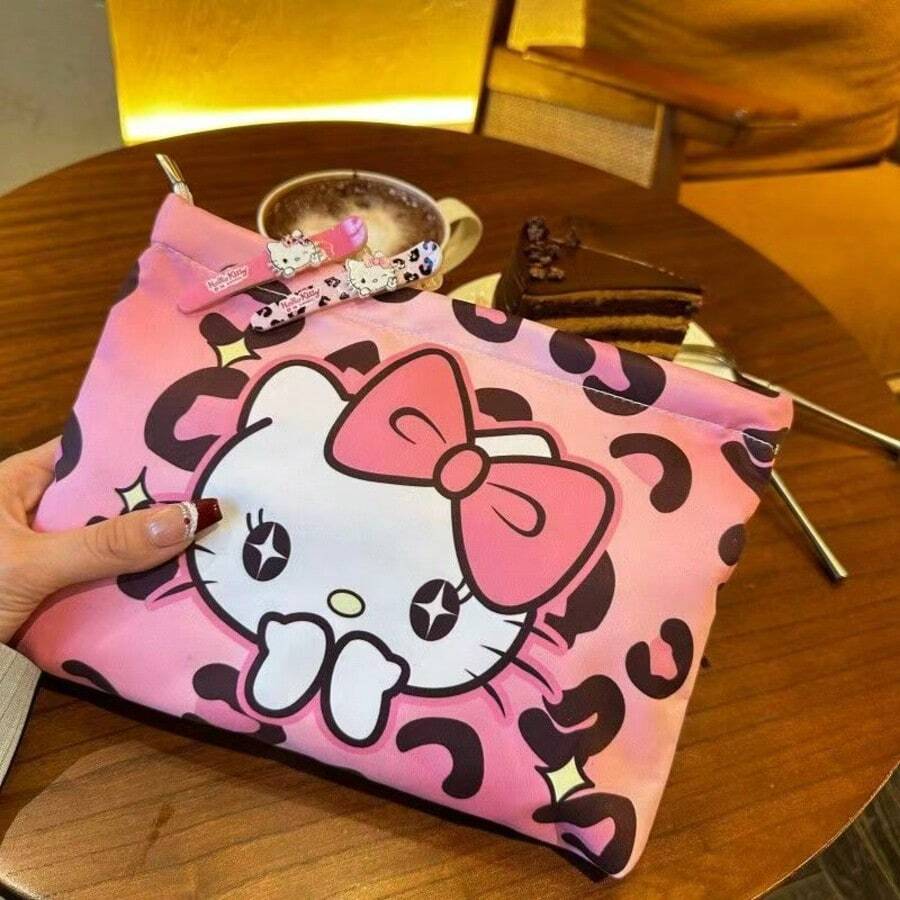 SANRIO New Leopard Print Cartoon Cat Makeup Bag, Large Capacity Minimalist Portable Niche Cosmetic Pouch - View 1
