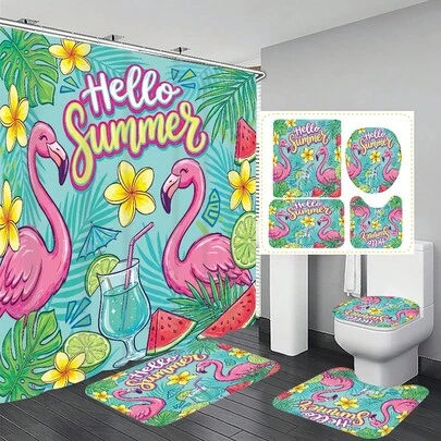 1pc/4pcs Summer Watercolor Flamingo Pattern Multifunctional Bathroom Decor Shower Curtain Set, Free 12 Hooks Included, Elegant Holiday Atmosphere, Bathroom Mat, U-Shaped Toilet Mat And Round Toilet Mat, Suitable For All Scenarios Bathroom Set