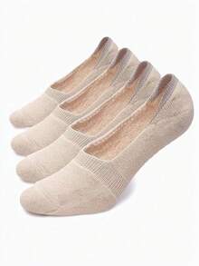 5 Pairs Women Beige Thick Cotton Low-Cut Non-Slip Invisible Boat Socks - Beige - View 3