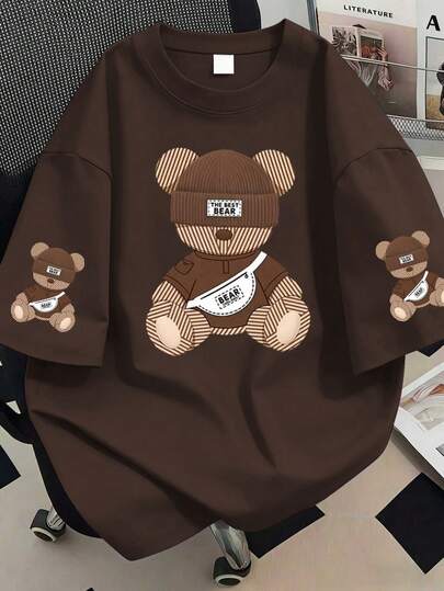 Camiseta de manga corta con cuello redondo y estampado de oso para mujer de talla grande, moda casual de verano, adecuada para vacaciones de verano, playa, salidas, uso primaveral; regalo para el Día de San Valentín, Carnaval, Día de la Madre; regalo para mamá