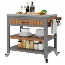 Garden Cabinet With Wheels And Stainless Steel Worktop – Mobile Tool Cabinet With Drawer And Shelf, Weatherproof Sideboard With Double Shelf And Towel Rack, Barbecue Station - Natural - View 1