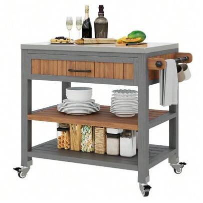 Garden Cabinet With Wheels And Stainless Steel Worktop – Mobile Tool Cabinet With Drawer And Shelf, Weatherproof Sideboard With Double Shelf And Towel Rack, Barbecue Station