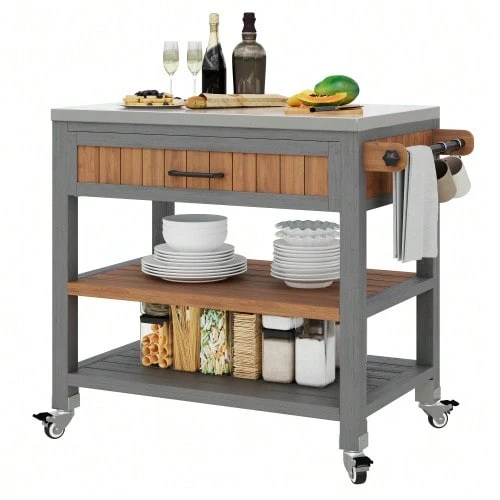 Garden Cabinet With Wheels And Stainless Steel Worktop – Mobile Tool Cabinet With Drawer And Shelf, Weatherproof Sideboard With Double Shelf And Towel Rack, Barbecue Station - Natural - View 1