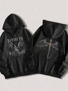 Women's Casual Fourth Wing Print Hooded Long Sleeve SweatshirtWarm And Comfortable - Black - View 1